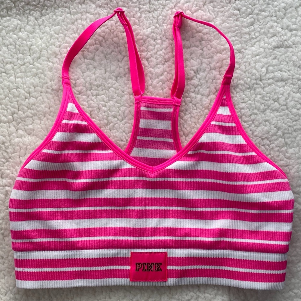 PINK Victoria's Secret Seamless Racerback Sports Bra in Atomic Pink/White